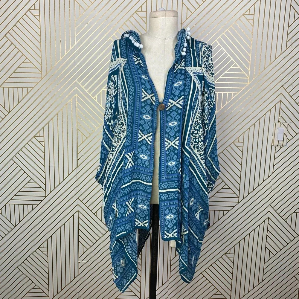 RAGA‎ Pom Trim Hooded Poncho Kimono Blue